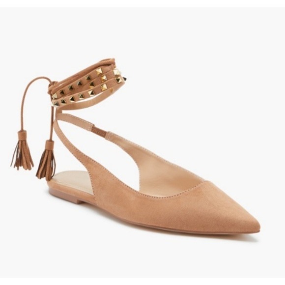 JustFab Beatrice Ankle Wrap Flats Faux Suede‎ Minimalist Light Tan 8.5 NWT - Picture 1 of 10